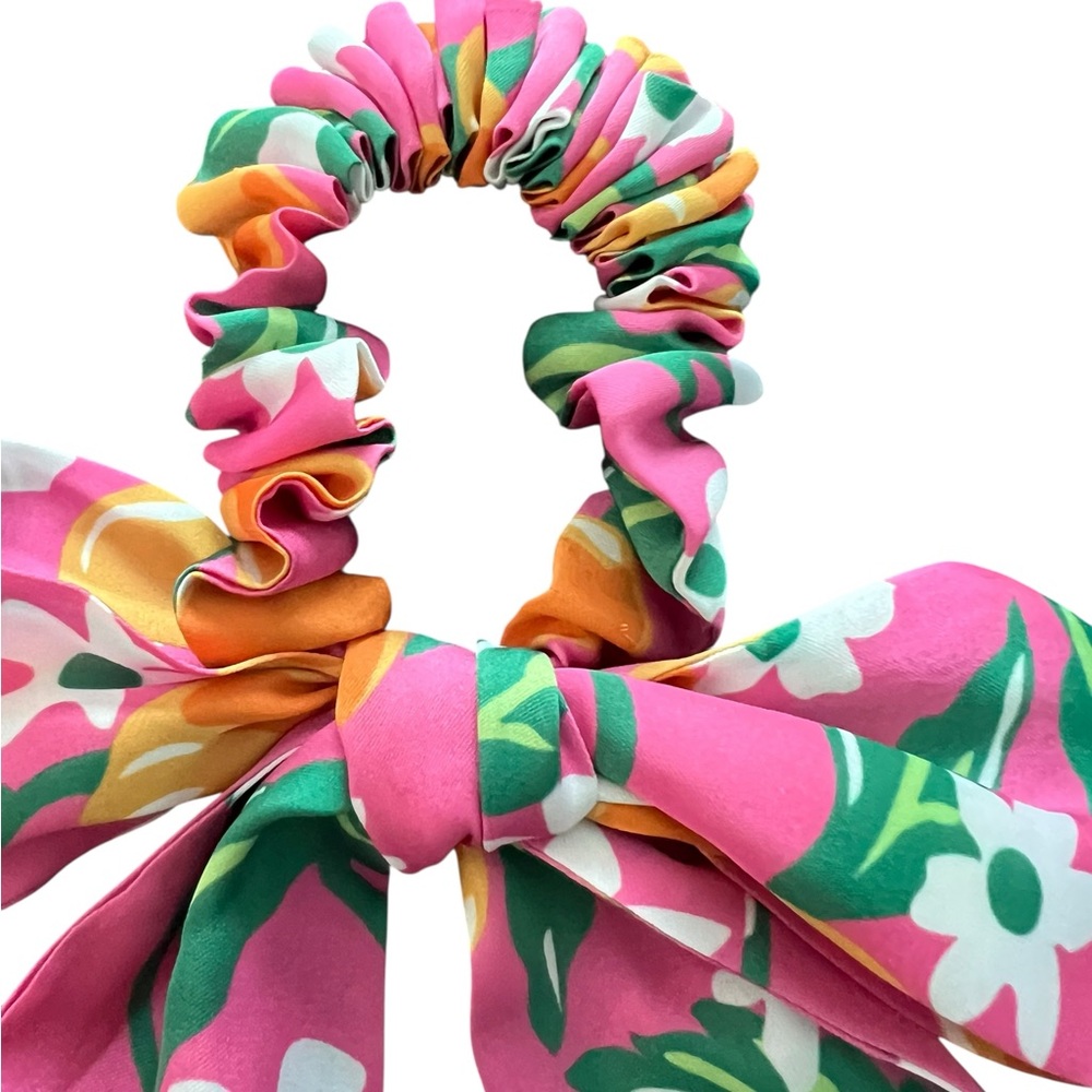 Draper James Floral Pink Orange Hair Scrunchie Accessory with Bow - Picture 4 of 4
